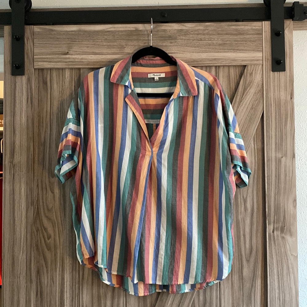 Madewell Striped Popover Button-Back Shirt in Rainbow Stripes -Size L